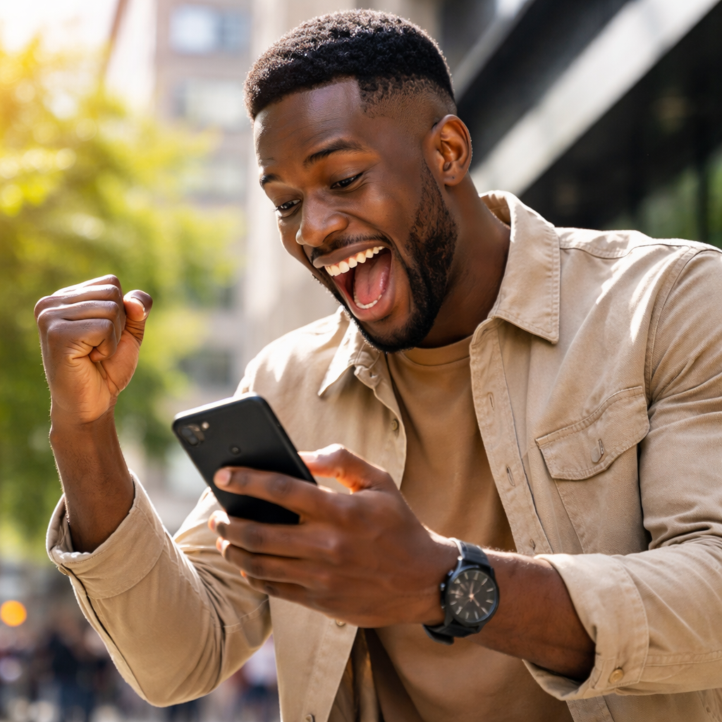 Black Man Celebrating on Cellphone-3