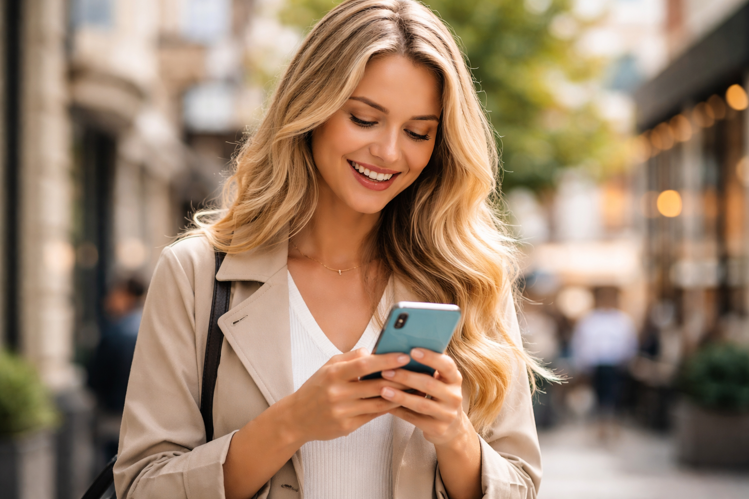 White Lady Texting on Balcony-1